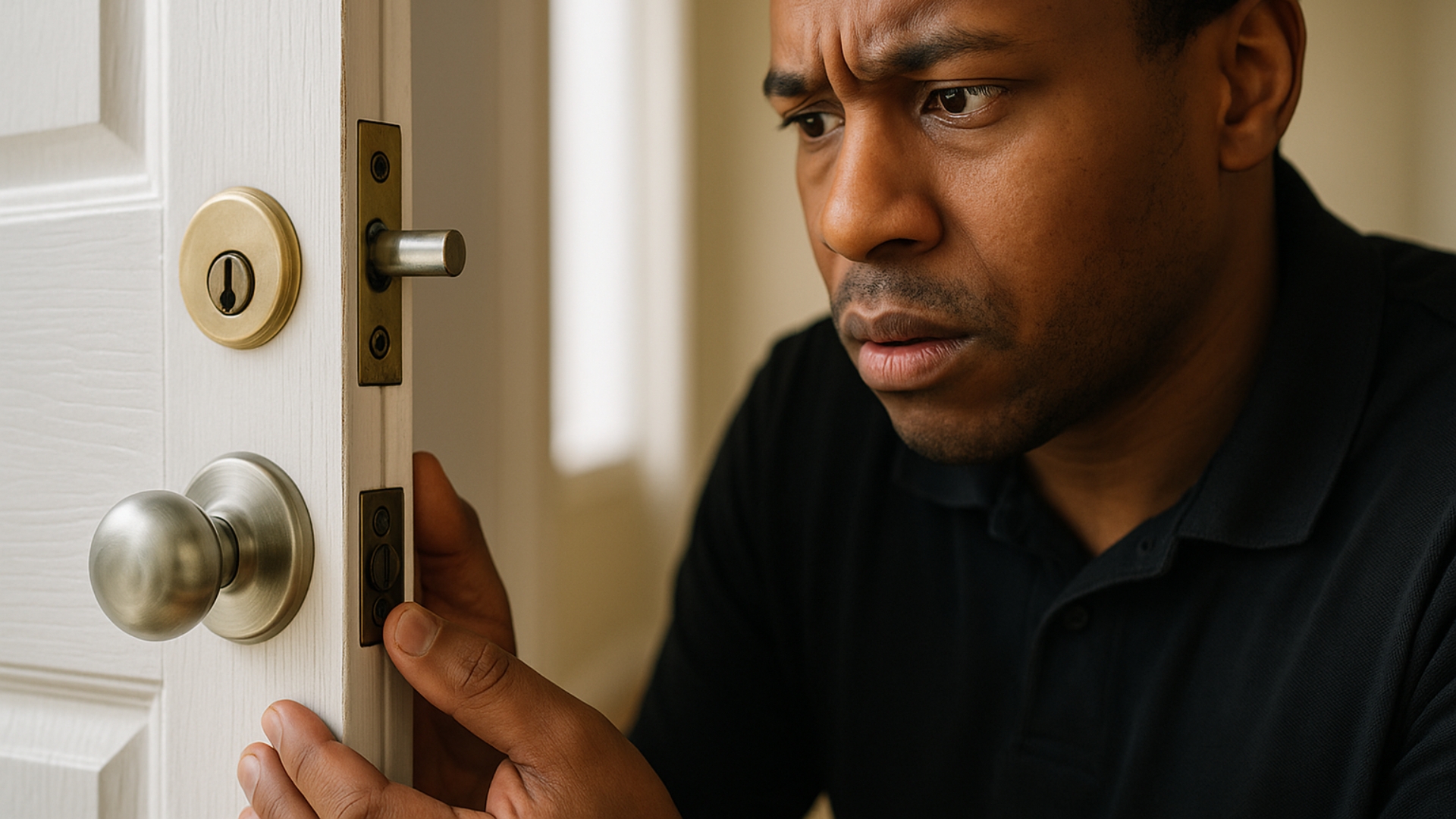 Locksmith aligning latch plate during deadbolt lock installation on a residential front door