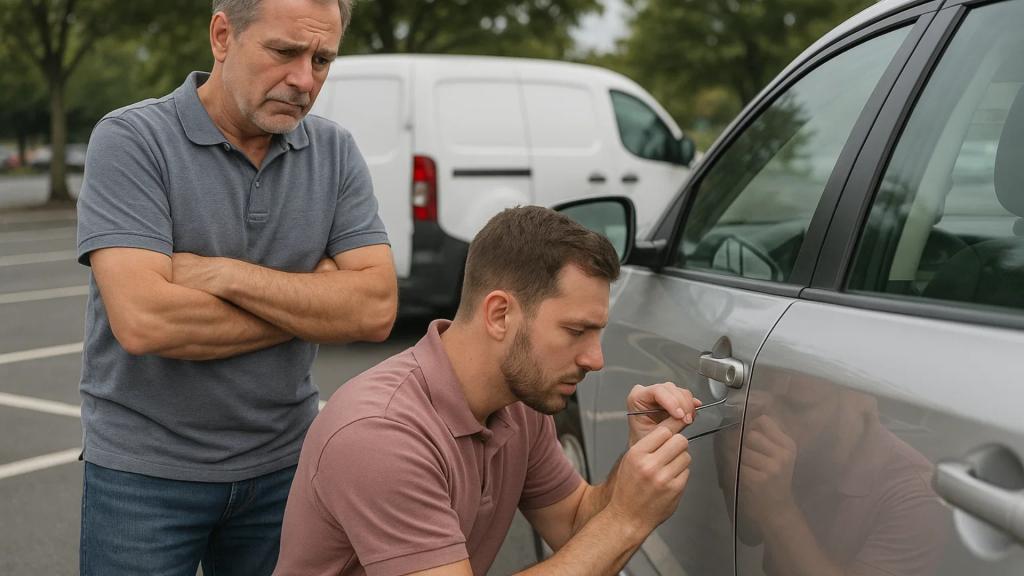 Reliable emergency locksmith helping with car lockout while the owner watches, in a parking lot setting