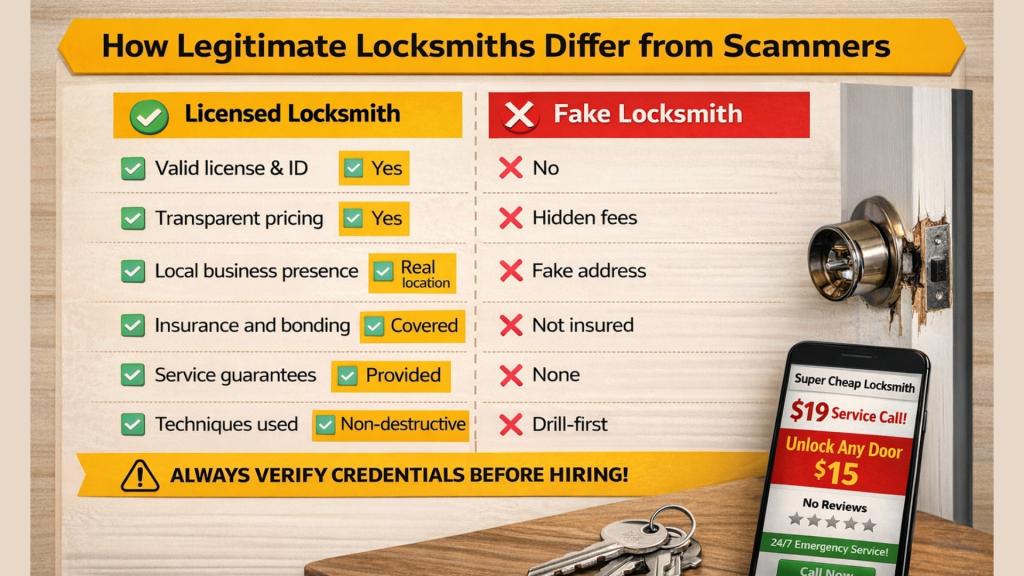 Infographic warning about locksmith fraud with side-by-side comparison of real vs fake services