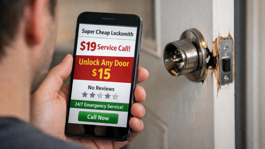 A man looking at a suspicious locksmith ad while standing by a broken door lock