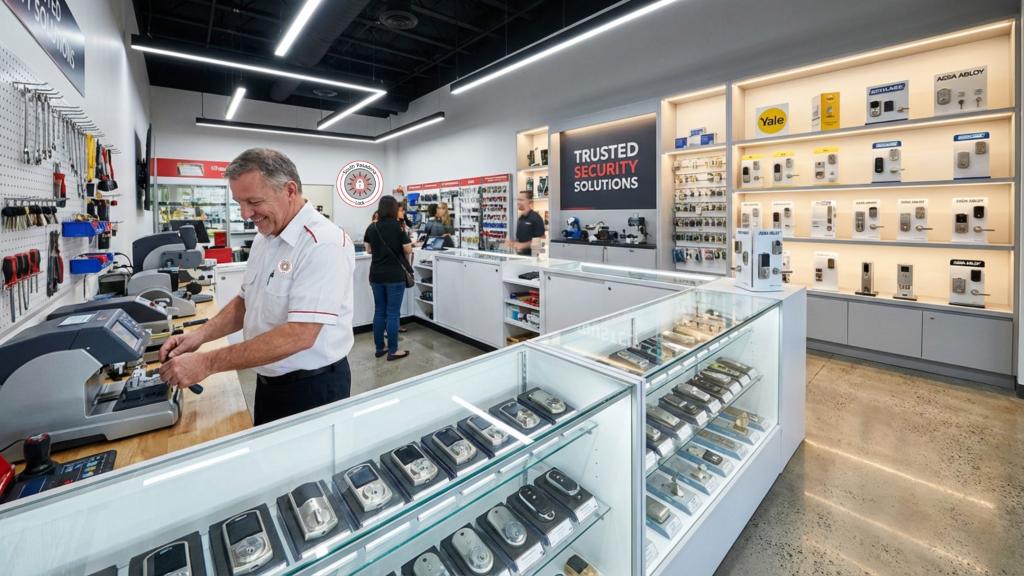 Trusted locksmith service center with advanced key machines and lock product displays