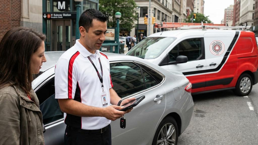 Automotive locksmith helping a driver with car lockout service on a city street