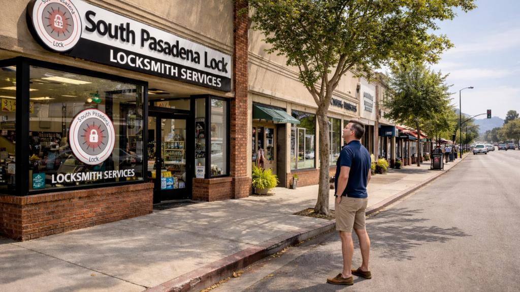Local automotive locksmith shop on a busy street with customer outside