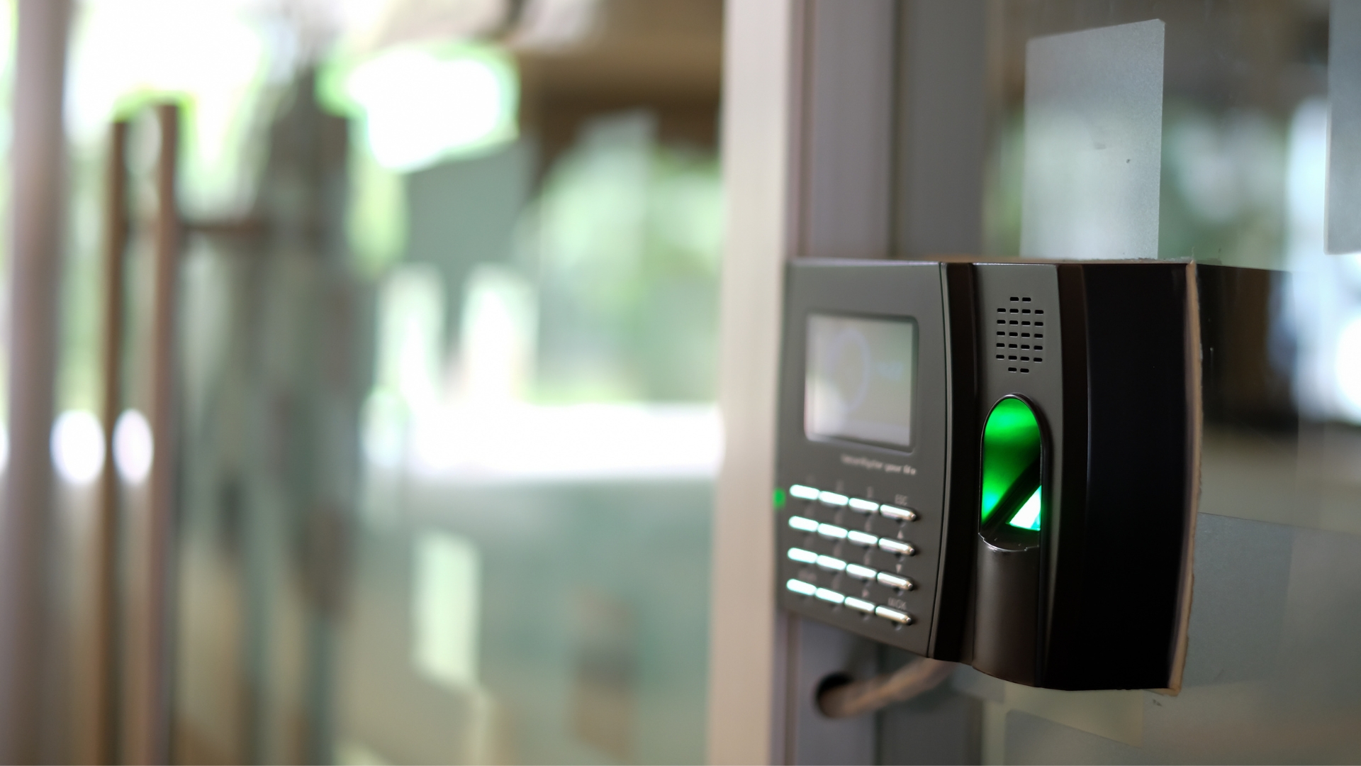 A fingerprint door lock on a commercial door