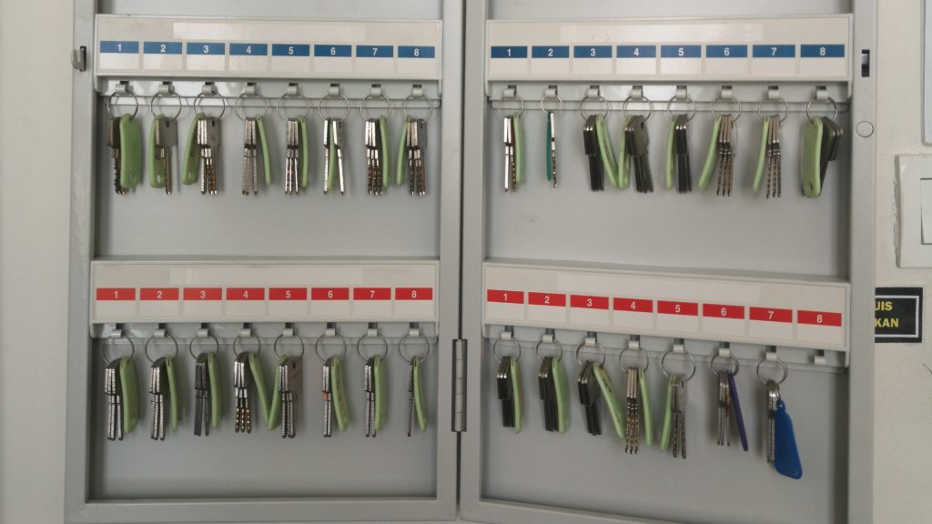 Commercial locks kept in a key cabinet
