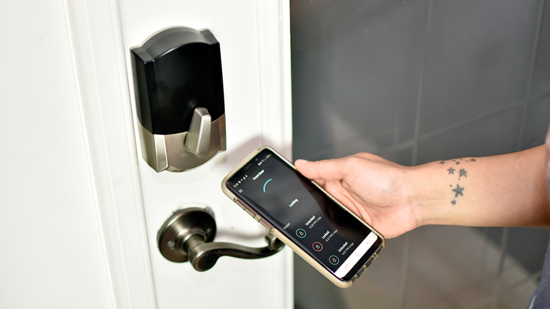 A door with an electronic keypad door lock