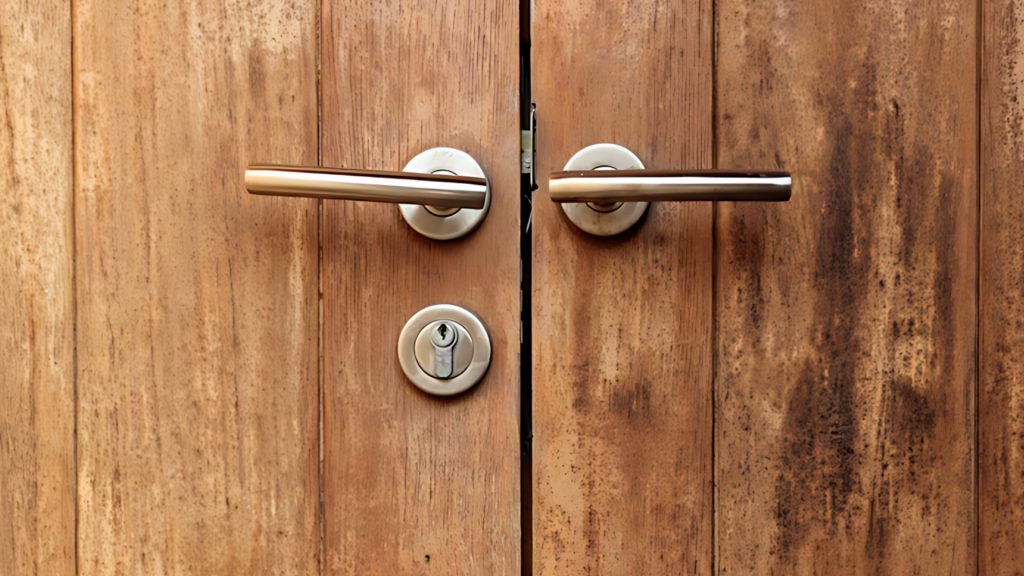 A set of front door locks and handles installed on a home's wooden double doors.