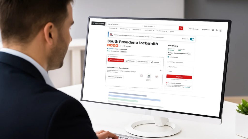 A professional checking online reviews and service options for electronic lock repair in South Pasadena