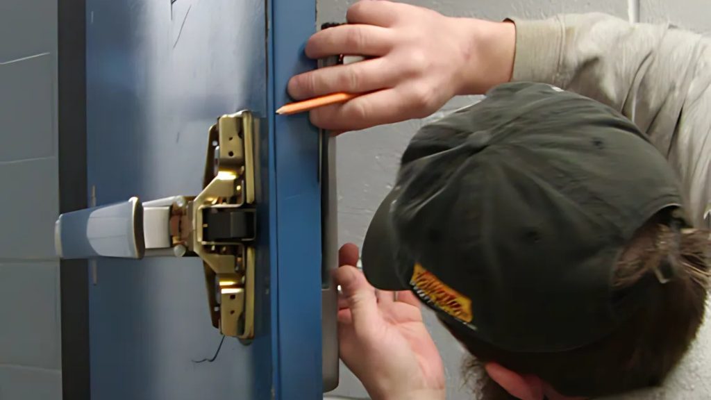 A locksmith performing commercial lock repair on an exit door with a push bar mechanism