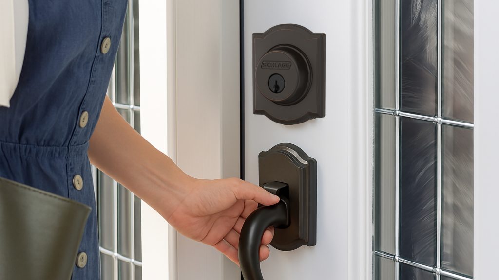 A homeowner opening a front door secured with a Schlage lockset
