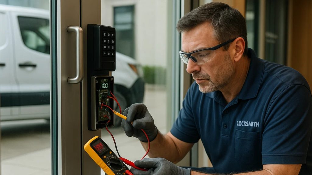 Commercial door lock being serviced by a local locksmith during an office lockout