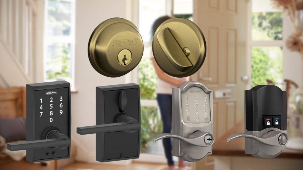 Close-up of different Schlage locks featuring modern electronic and traditional styles