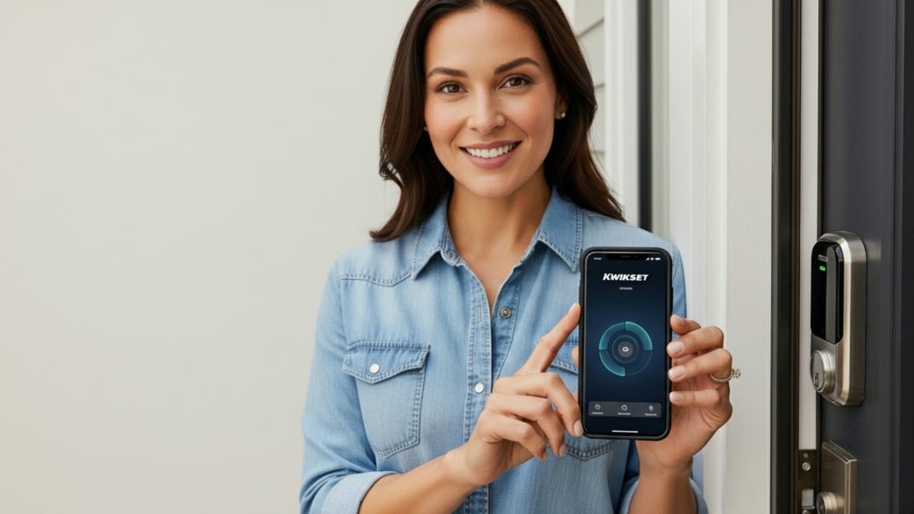 A woman uses the Kwikset smart lock app to unlock a front door.