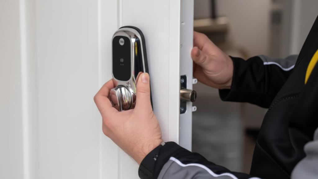 A certified locksmith installing Yale smart locks in South Pasadena