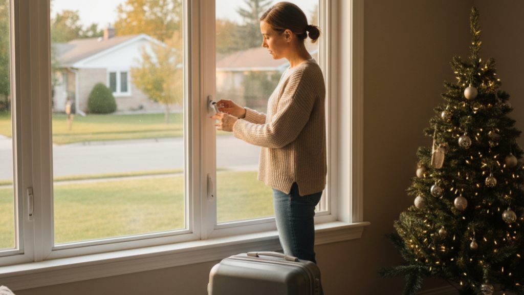 A homeowner locking windows before holiday travel to improve home security