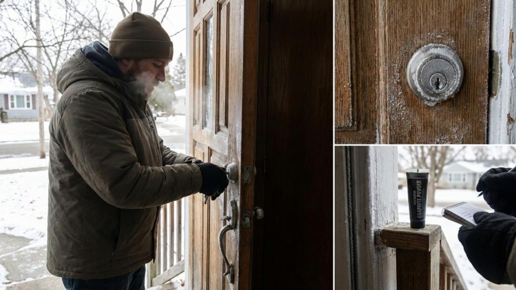 Winter home lock inspection showing icy deadbolt, lubricant, and checklist