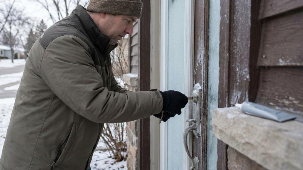 A homeowner struggling to open a lock outside his home during a freezing winter