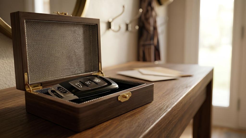 Smart car key fob stored inside a Faraday box to help secure a parked car from signal theft
