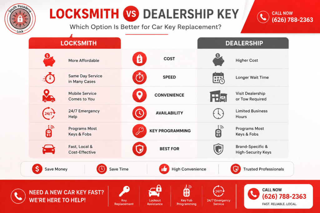 Locksmith vs dealership key comparison infographic showing car key replacement costs, speed, convenience, and key programming services