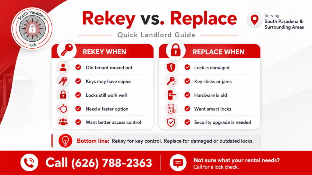 Rekey vs lock replacement infographic explaining when South Pasadena landlords should rekey locks or replace damaged hardware.