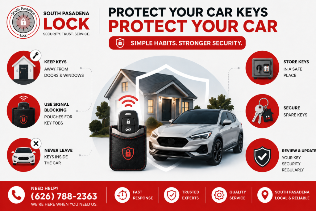 Car key storage tips, Faraday pouch use, spare key safety, and locksmith help for South Pasadena drivers