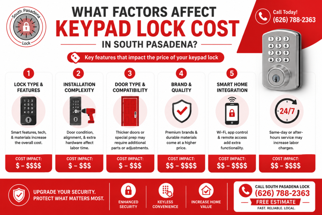 Infographic explaining keypad lock cost factors in South Pasadena, including lock features, installation complexity, door compatibility, brand quality, smart features, and same-day service