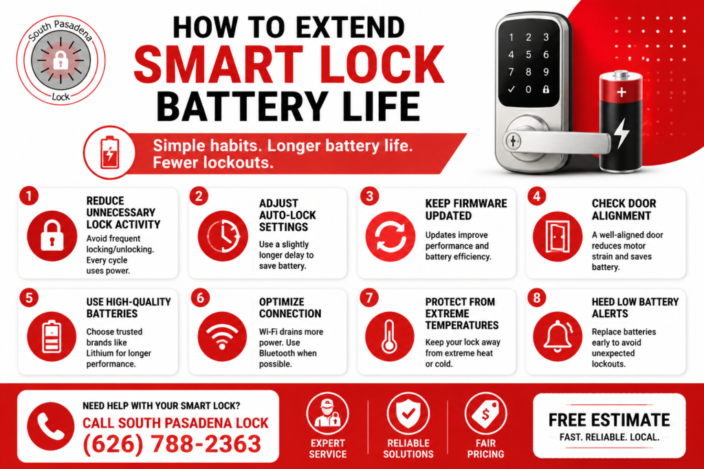 South Pasadena Lock infographic explaining how to extend smart lock battery life through lower lock activity, auto-lock settings, firmware updates, door alignment, quality batteries, and low-battery alerts