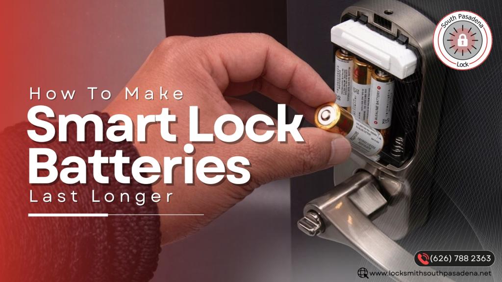 Smart lock battery replacement showing a homeowner inserting new batteries to help prevent a low-battery lockout