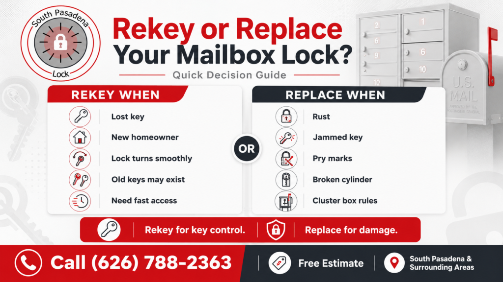 South Pasadena Lock infographic comparing mailbox lock rekeying and replacement based on lost keys, new homeowners, smooth lock function, rust, jammed keys, pry marks, and broken cylinders