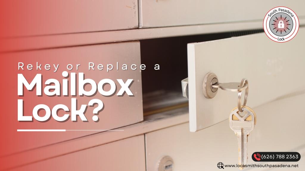 South Pasadena Lock graphic showing an open mailbox lock with keys, supporting a guide about whether to rekey or replace a mailbox lock