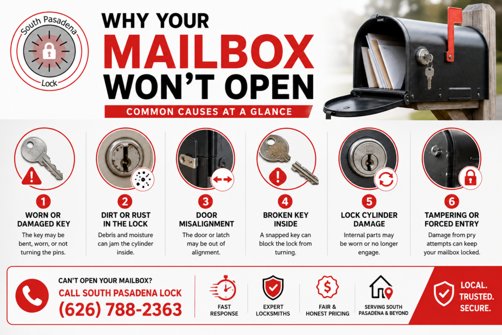 Mailbox won’t open infographic showing common causes like damaged keys, rust, misalignment, broken key pieces, cylinder damage, and tampering