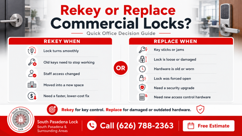 Rekey or replace commercial locks infographic explaining when businesses should rekey office locks for access control or replace damaged and outdated lock hardware