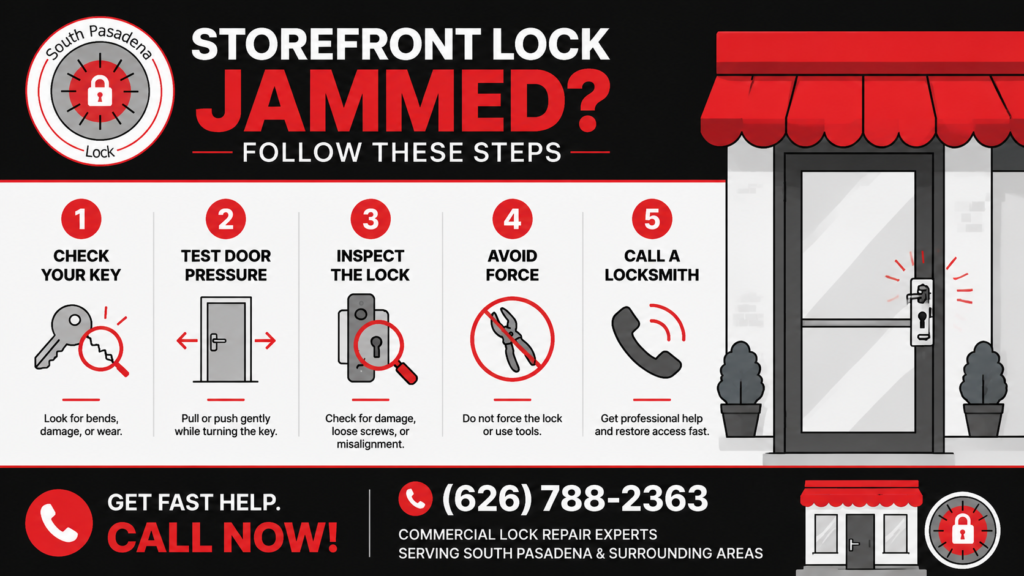 Infographic showing steps to take when a storefront lock jammed, including checking the key, testing door pressure, inspecting the lock, and calling a locksmith