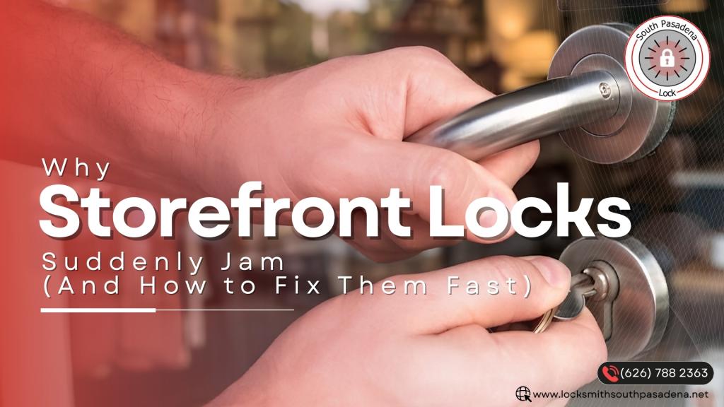 Storefront door handle and lock being inspected for signs of a jammed commercial lock