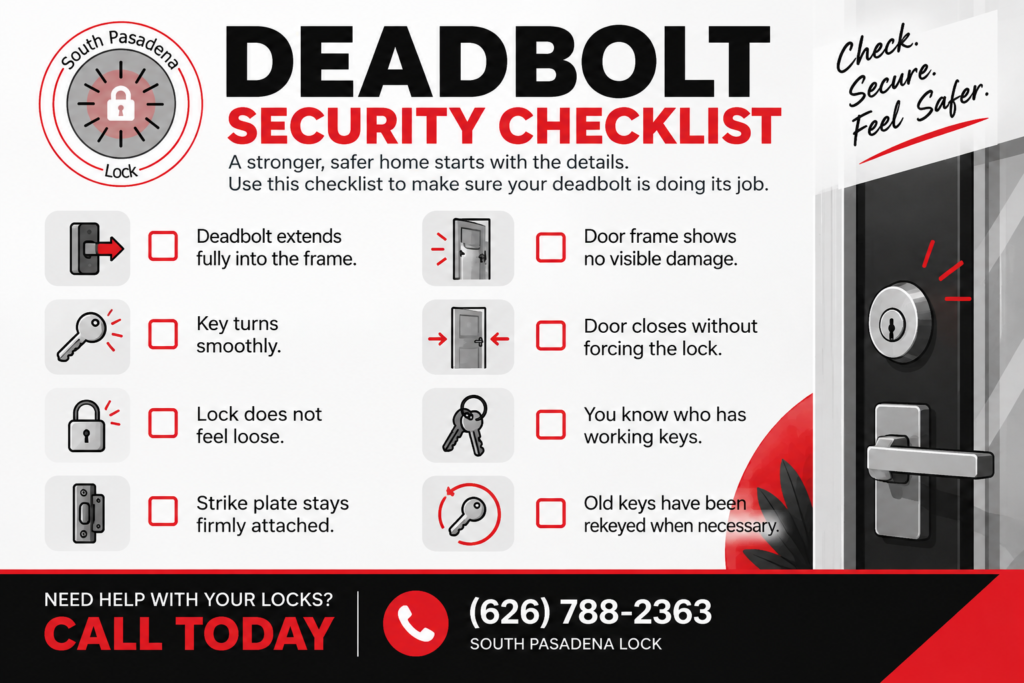 Deadbolt security checklist showing key signs of a secure residential door lock, including proper bolt extension, smooth key operation, secure strike plate, and working keys
