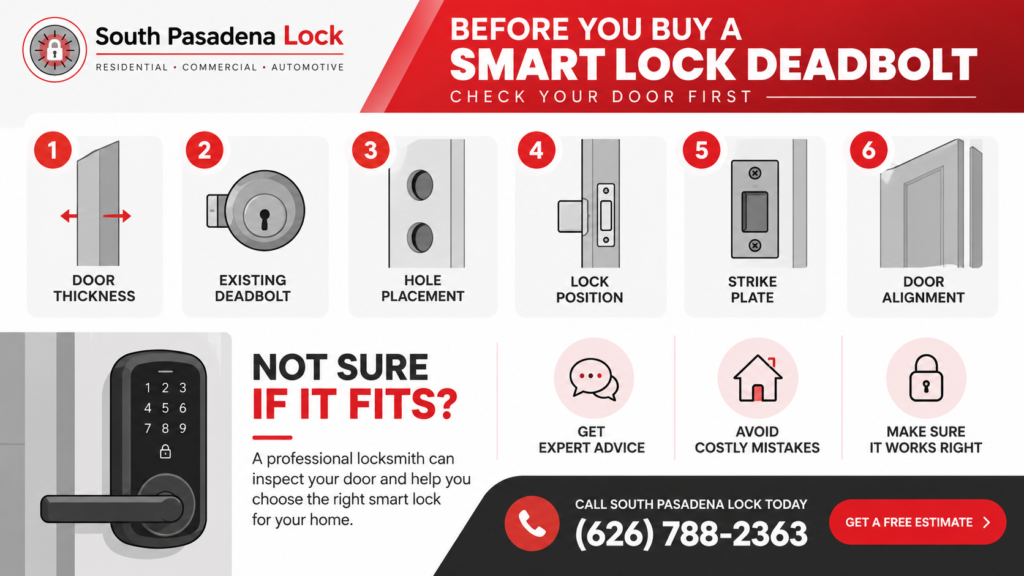Smart lock deadbolt checklist showing six things to check before installation, including door thickness, existing deadbolt, hole placement, lock position, strike plate, and door alignment