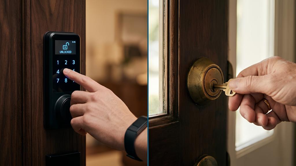 Smart lock and traditional deadbolt shown side by side, comparing keypad entry with a standard key-operated lock