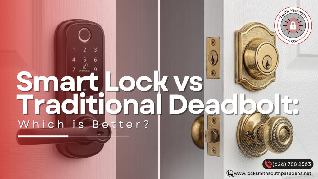 Blog featured image featuring smart lock vs traditional deadbolt shown side by side, comparing a keyless electronic lock with a traditional keyed deadbolt