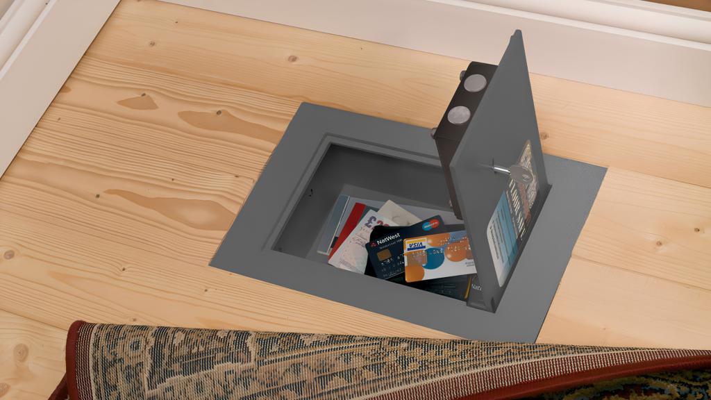 Floor safe containing valuables and cards for secure storage before travel