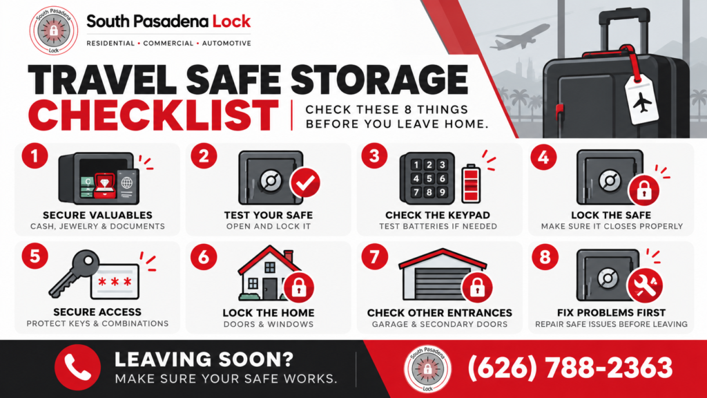 Travel safe storage checklist for securing valuables and checking a home safe before leaving