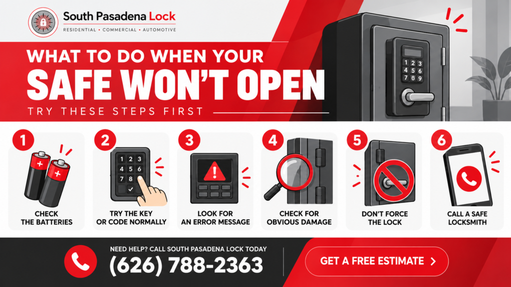 What to do when a safe won't open checklist showing six steps, including checking the batteries, trying the key or code, checking for error messages or damage, avoiding force, and calling a safe locksmith in South Pasadena